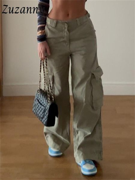 

parkas zuzanny vintage low waist pocket cargo pants women autumn winter streetpants 2022 y2k fashion casual baggy trouser wide leg jean, Black