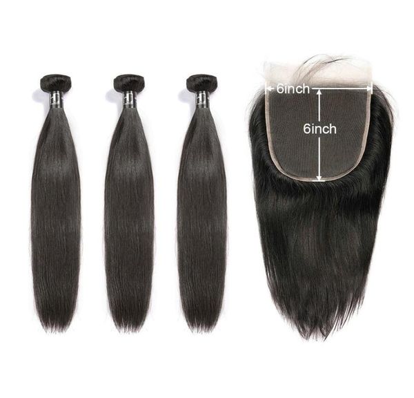 

7a virgin hair human hair bundles with closure brazilian hair weave bundles straight 6x6 hd lace closure9452292, Black