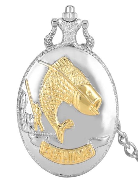 

vintage pocket watch fish design silver gold quartz watches fob chain pendant clock timepiece for men women kids8265527, Slivery;golden