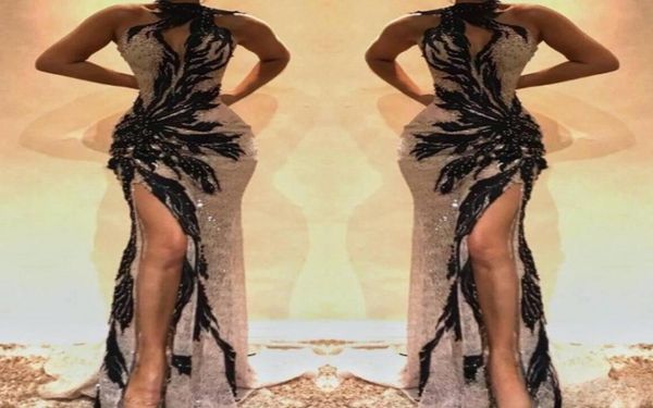 

split side high lace mermaid prom dresses keyhole neck crystal beaded backless evening gowns hollow out front celebrity dress9630761, Black