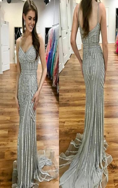 

silver sequin mermaid prom dresses 2019 backless spaghetti straps sweep train evening party gowns customize plus size9534592, Black