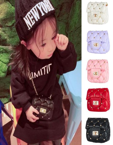 

baby rivet bags solid color kids princess purses pu shoulder bags girls allmatch crossbody bags children designer handbags4607902, Black