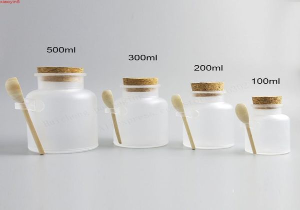 

100 x empty 100g 200g 300g 500g abs plastic bath salt bottle 200ml powder plastic bottle with cork jar wood spoongood product7957847
