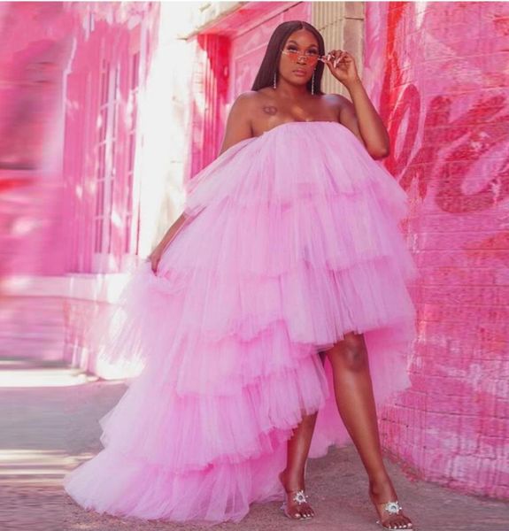 

blush pink tiered tulle homecoming dresses high low elastic puffy formal party dress strapless prom dress robe vestido9671505, Black