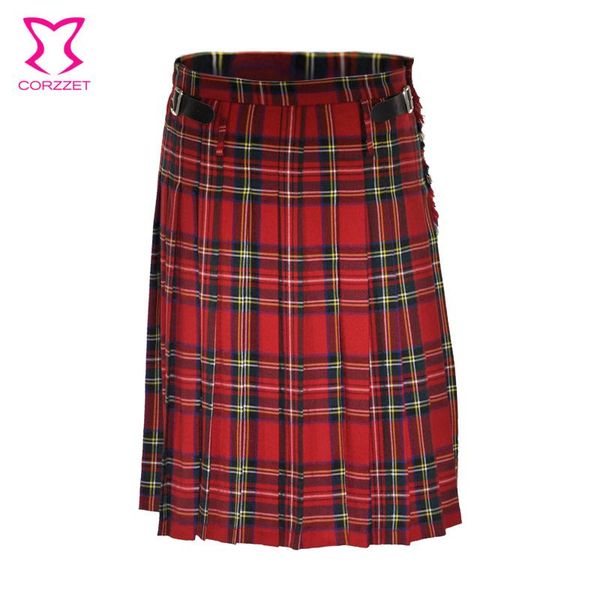

jeans fashion red plaid pleated high waist skirt gothic punk loose long skirt with faux leather buckle scottish knee skirt, Blue