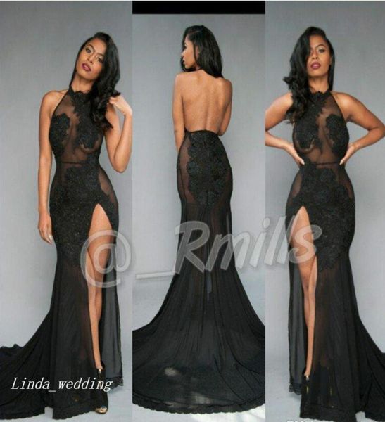 

pretty open back south african prom dress illusion lace halter split long banquet evening party gown custom made plus size1888733, Black