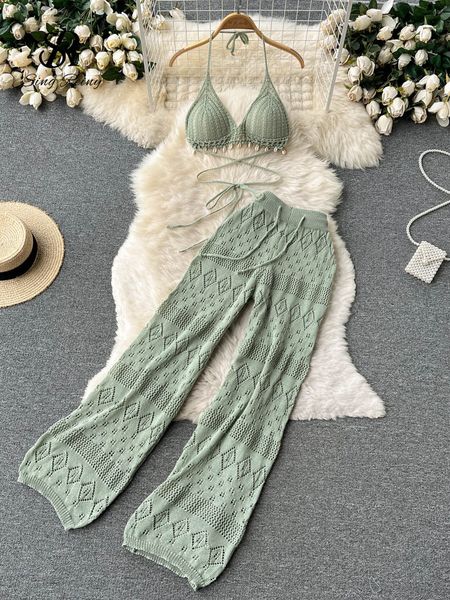 

women s tracksuits singreiny women summer knitted set halter short hollow wide leg long pants sets shell beach backless two piece suits 230, Gray