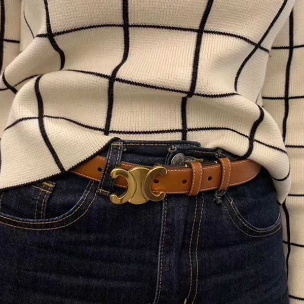 

womens triomphe belt genuine leather belt shiny gold buckle 4 colors letter buckles rushed cinturon mujer thin belts for dresses width 2.3cm, Black;brown