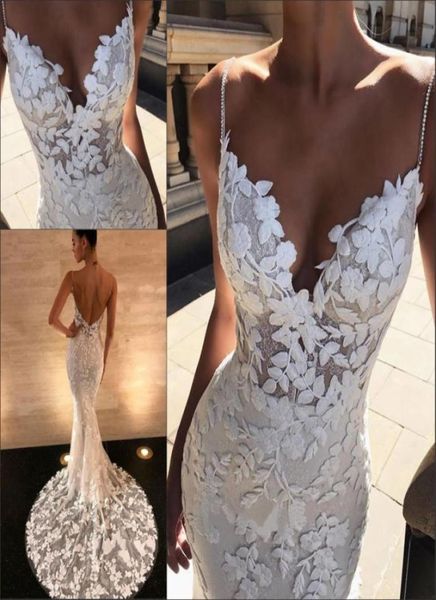 

beaded pearls spaghetti strap lace wedding dresses gorgeous 3dfloral appliques boho bridal gowns zipper low back trumpet wedding 7830407, White