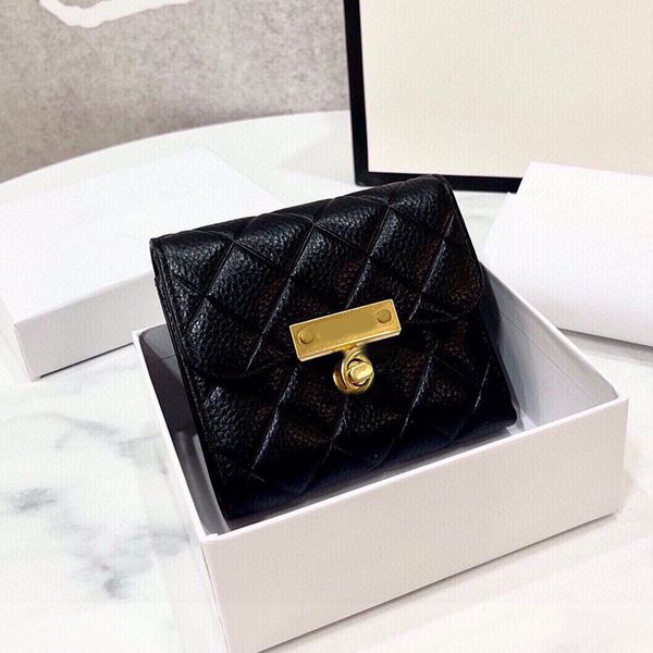 

calfskin leather women designer short trifold wallet bag gold metal hardware turn lock classic mini card holder coin purse luxury clutch han, Red;black