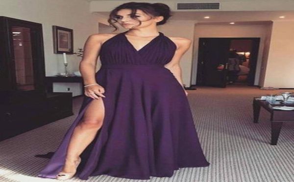 

long purple bridesmaid dresses summer boho halter v neck floor length chiffon front slits prom party gowns 2019 maid of hono8163075, White;pink