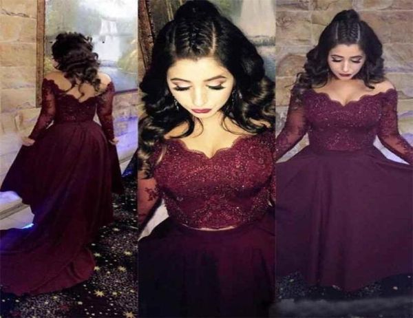 

off shoulder burgundy lace evening dresses illusion long sleeve beaded satin court train backless red carpet celebrity party 7834924, Black;red