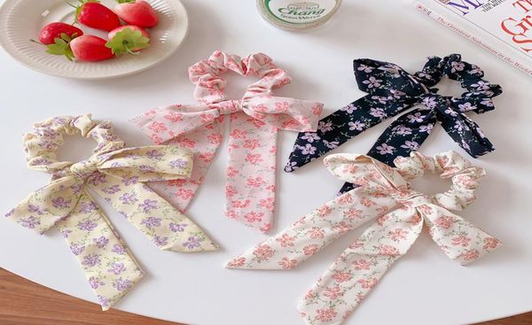 

girls floral hair scrunchie boutique printed elastic hairband big ribbon tassel ponytail women hairbands a70969967615, Slivery;white