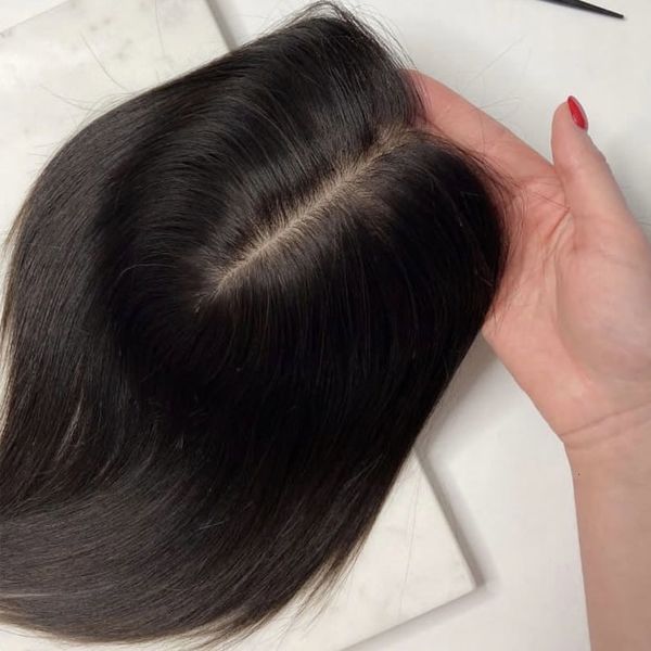 

synthetic s 2cm pu around silk base human hair er 100virgin straight 22inch women's toupee natural brown color 230629, Black