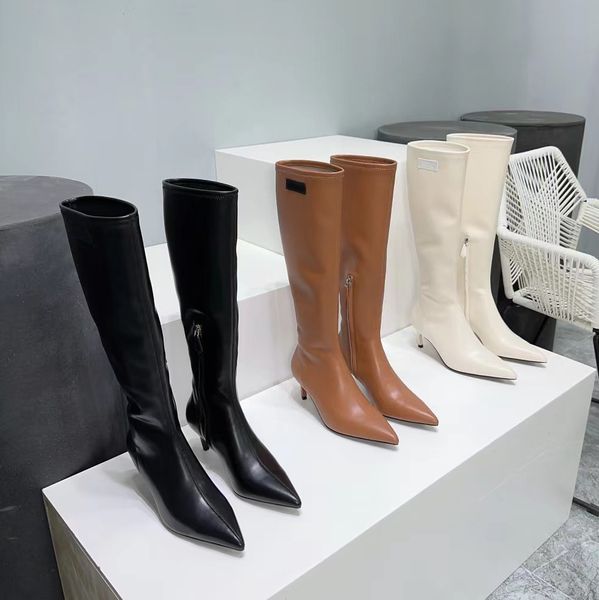 

designer long boots women high elastic side zipper long boots 7cm stiletto heel fashionable pointed toe solid color motorcycle boot casual p, Black