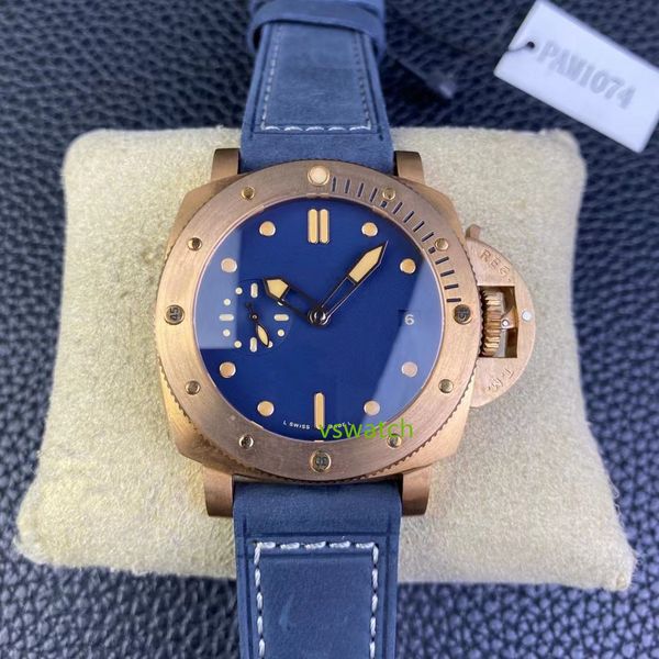 

vs watch p.900 integrated movement diameter 42mm bronze watch case vintage suede leather strap sapphire crystal glass one way rotation bezel, Slivery;golden