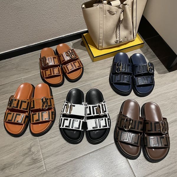 

2023 f designer rubber slides cowhide sandals double straps metal buckle brown black white fashion women slippers ladies shoes summer beach