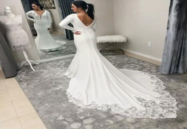 

2022 country ivory mermaid wedding dresses bridal gowns lace backless train deep v neck long sleeve satin garden bride wear c9536677, White
