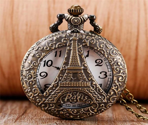 

antique hollow paris eiffel iron tower quartz pocket watch necklace pendant chain fob watches for men women souvenir gift9241668, Slivery;golden
