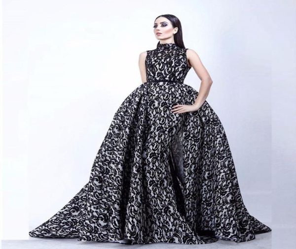 

fashion vestidos de formature black and white evening gown high collar sleeveless mermaid prom dresses with overskirt2098113