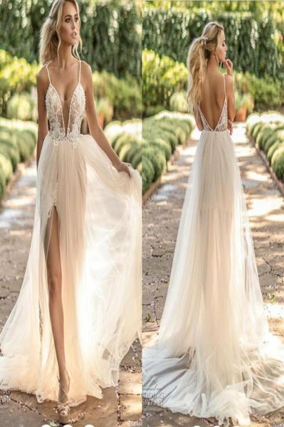 

naama anat 2019 beach wedding dresses spaghetti lace appliques backless side split boho wedding dress light champagne brida1785973, White