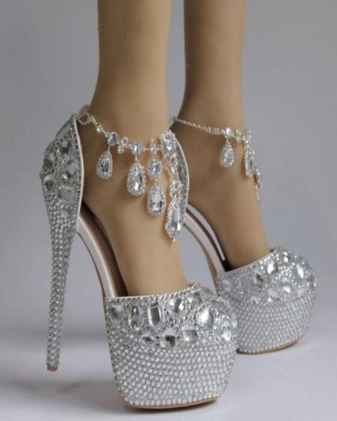 

2022 sliver crystal wedding bridal shoes high heels 14cm 5cm pumps bling for prom evening party dress rhinestones beaded6008988, Black