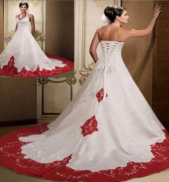 

excellent quality elegant dark red and white wedding dresses 2019 strapless sleeveless custom made court train satin embroidery br9289162