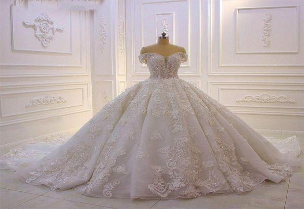 

sparkly beaded off shoulder ball gown wedding dress luxury 3d floral appliqued lace vintage arabic bridal gowns wedding dresses re4867621, White