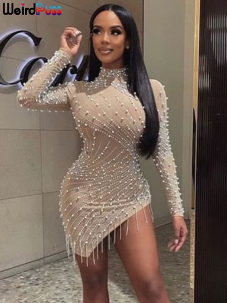 

basic casual dresses weird puss pearl mesh dress tassel side split long sleeve elastic bodycon trend birthday midnight party outfit 230628, Black;gray