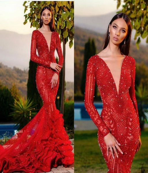 

2020 red mermaid prom dresses lace appliqued crystal plunging neck long sleeve evening dress tiered skirts illusion robe de s5071219, Black