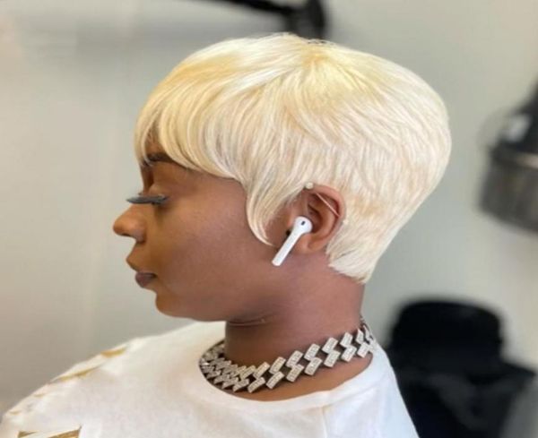 

613 honey blonde color wavy short bob wig with bangs pixie cut no lace front human hair wigs for black women indian5010467, Black;brown