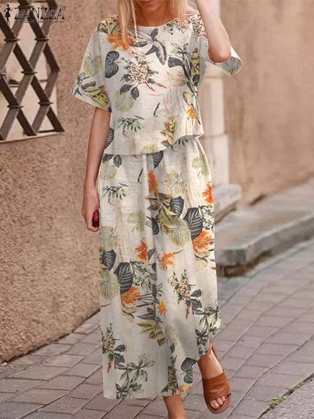 

women s tracksuits 2023 summer floral wide leg female women casual cotton matching sets zanzea bohemian printed short sleeve pant 230629, Gray