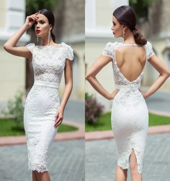 

2019 new arrival sheath short wedding dresses with cap sleeves beaded lace open back fitted knee length women informal bridal gown4067207, White