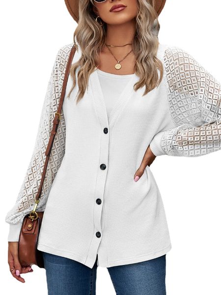

womens lace long sleeve solid buttons cardigan, White