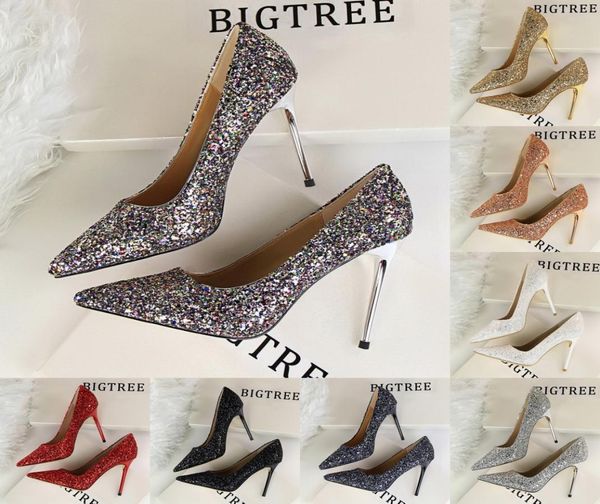 

blingbling sparkle wedding dresses 2020 celebrity inspired formal party shoes high heels 9cm 7cm gold silver white red sequins pro9192565, Black