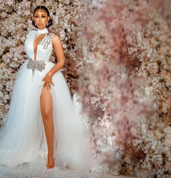 

2021 wedding dresses for bride high neck side split sweep train illusion bodice crystal beads chapel garden bridal gowns vestidos 8724397, White