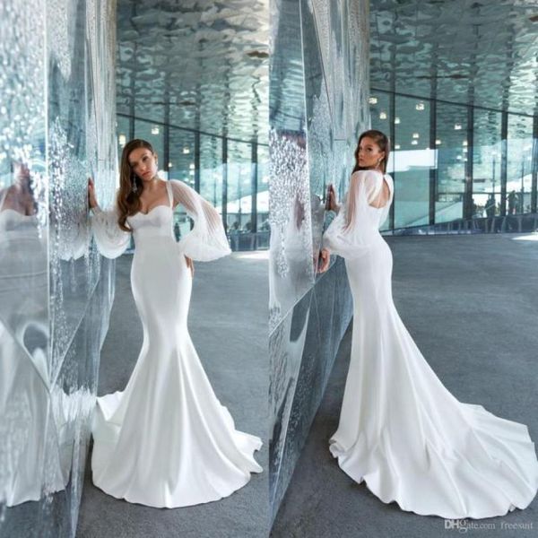 

romantic mermaid wedding dresses sweetheart long sleeves backless sweep train satin plus size wedding dress bridal gowns vestidos 9324780, White