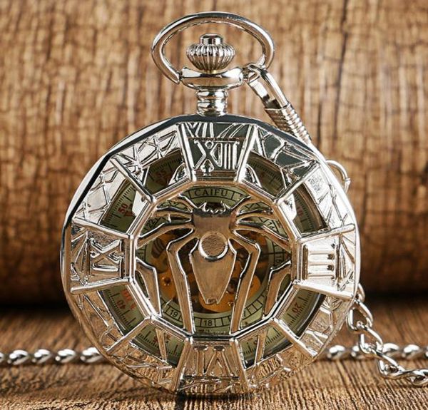 

retro silver pocket watch hollow out case spider design handwind mechanical clock skeleton roman number dial timepiece pendant fob3612837, Slivery;golden