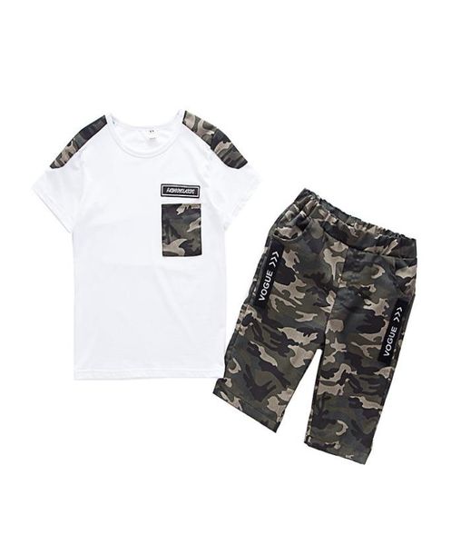 

summer children boy clothes sets kids 2pcs short sleeves tshirt suits camouflage shorts child clothing suits for 12 14 16 years y2071168, White