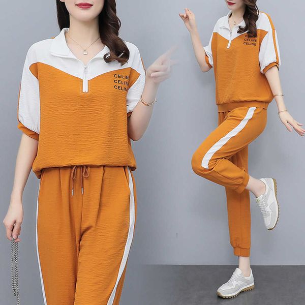 

women's 2023 summer new sportswear suit fat sister mm westernized age reducing short sleeved trousers two-piece set ladies tracksuits, Gray
