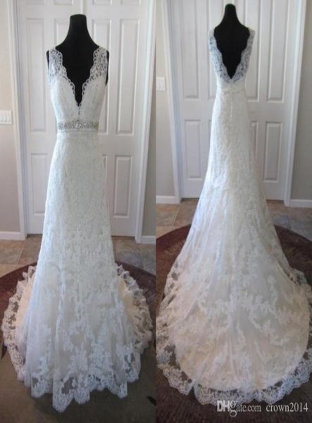 

lace v neck beaded wedding dress appliques backless crystal sash aline real picture bridal gowns2432570, White