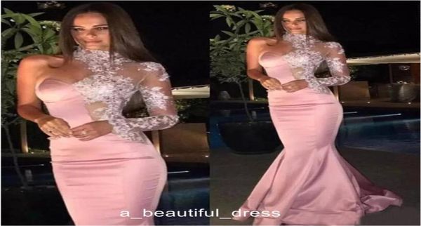

formal mermaid rose pink evening dresses lace high neck sheer one shoulder long sleeve prom gown custom red carpet celebrity dress5044459, Black;red