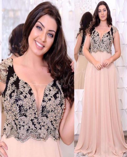 

champagne lace appliques plus size evening dresses deep vneck beaded a line prom gowns floor length chiffon formal dress7202305, Black