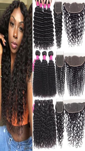 

9a brazilian deep wave bundles with closure 4x4 lace closure or 13x4 lace frontal deep curly water straight loose human hair bundl5919871, Black