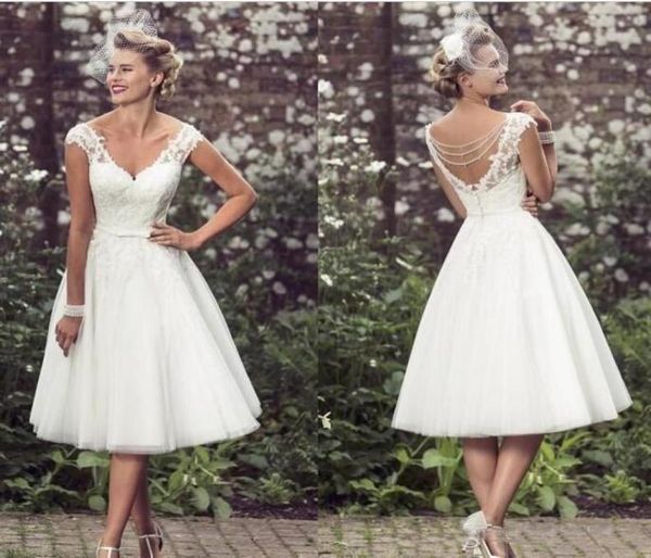 

elegant tea length short wedding dresses cap sleeves appliques lace wedding gowns tulle v neck short bridal gowns 022266, White