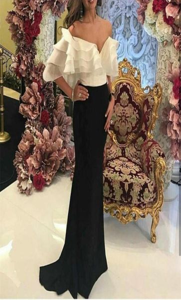 

2017 sheath evening dresses with offshoulder sleeveless white and black sweep train organza tiered ruffles party prom gowns9102433, Black;red