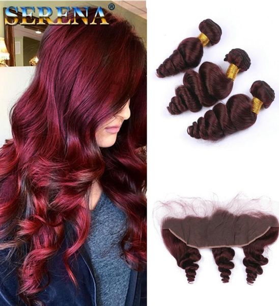 

wine red burgundy brazilian hair bundles with 13x4 frontal lace closure 99j loose wave wavy human hair weaves with ear to ear lac1404873, Black;brown