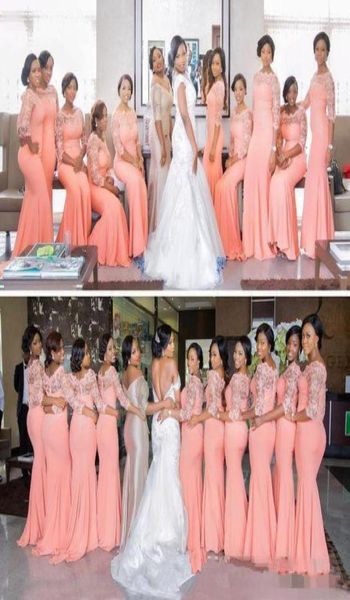 

nigerian african plus size bridesmaid dresses coral half long sleeves lace sweep train maid of honor evening occasion gowns ch1621953, White;pink