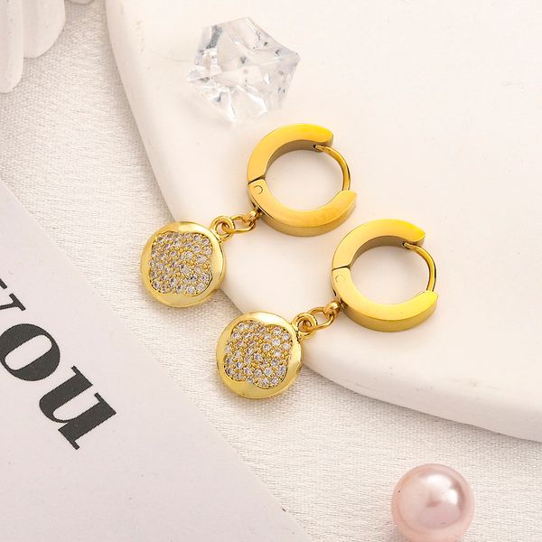 

luxury brand designers letters hoops earring stud real gold plated copper brass flower geometric famous women inlay crystal rhinestone round, Golden;silver