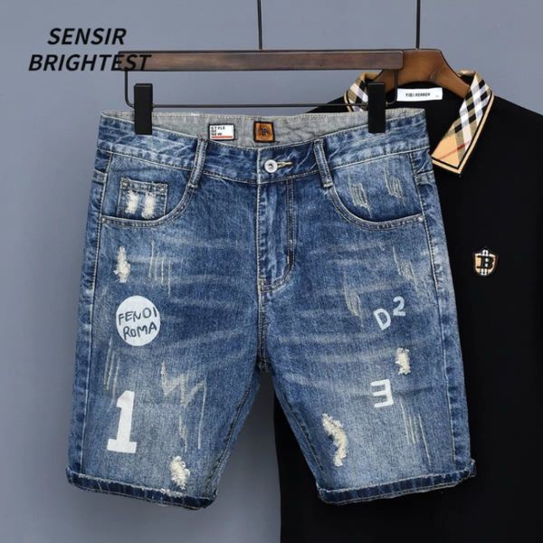 

men s jeans summer denim shorts high street scraped hole print korean fashion fit quintuple pants men 230629, Blue